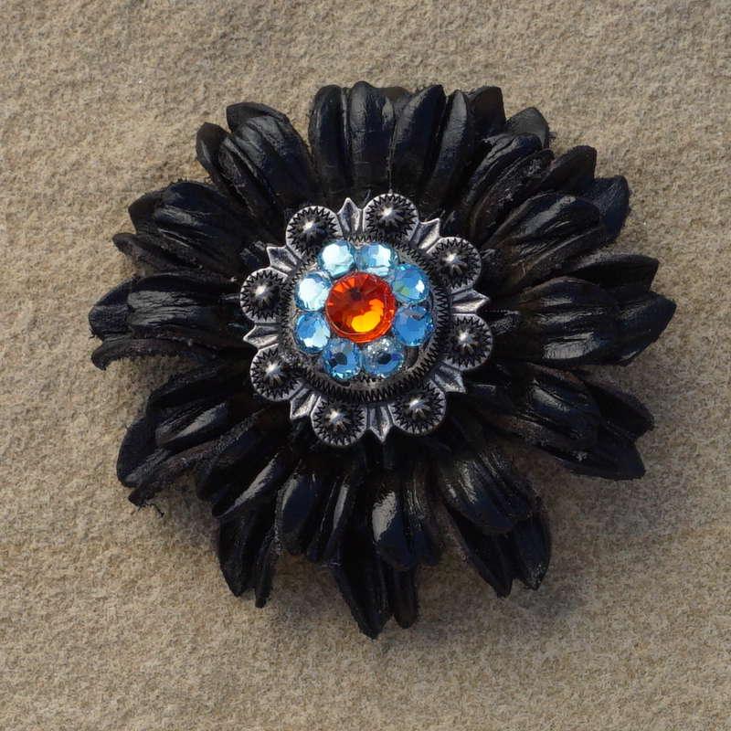 Black Daisy Flower With Antique Silver Fire Opal and Aqua 1" Concho - RODEO DRIVE