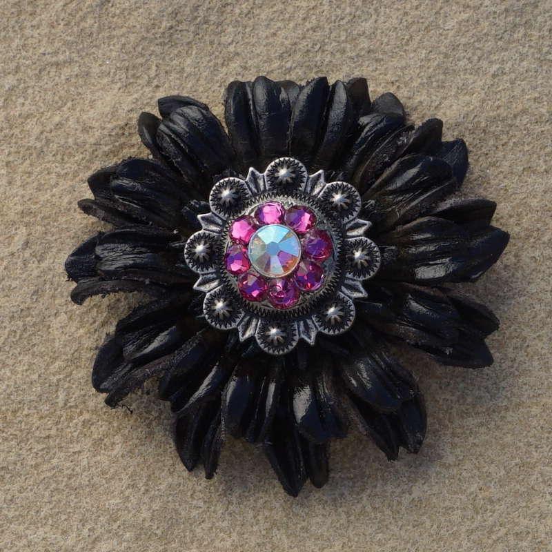 Black Daisy Flower With Antique Silver Fuchsia and AB 1" Concho - RODEO DRIVE