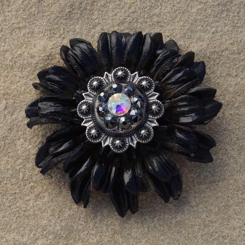 Black Daisy Flower With Antique Silver Jet and AB 1" Concho - RODEO DRIVE