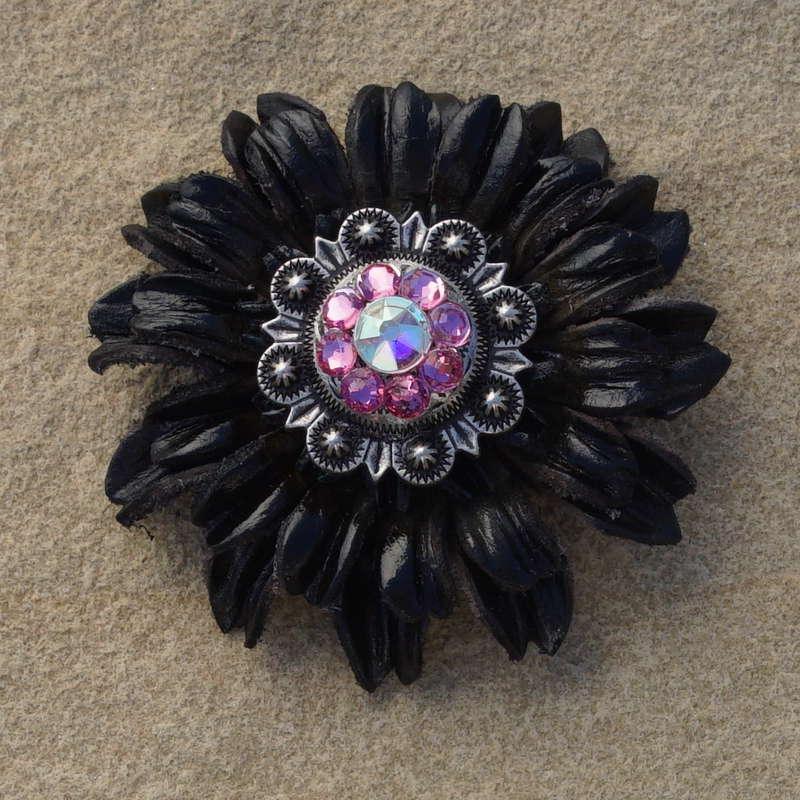 Black Daisy Flower With Antique Silver Pink and AB 1" Concho - RODEO DRIVE