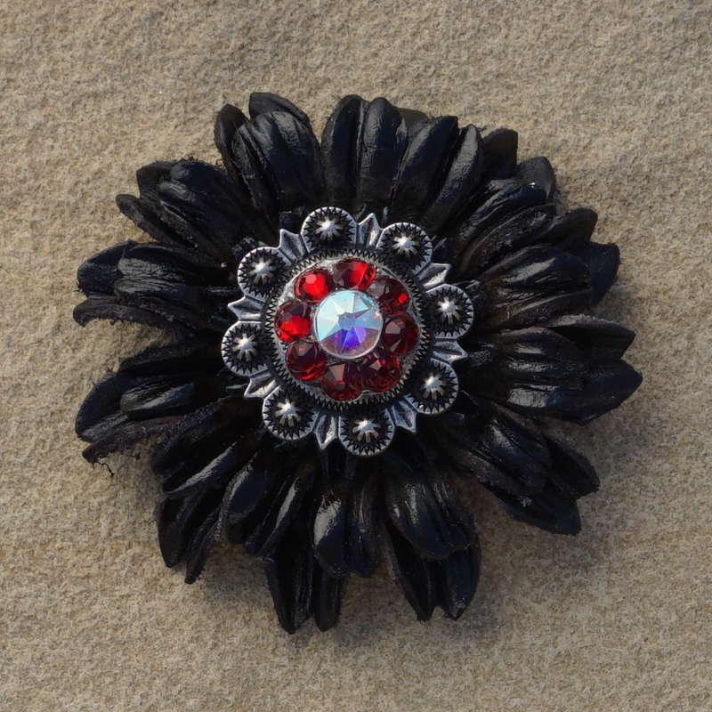 Black Daisy Flower With Antique Silver Ruby and AB 1" Concho - RODEO DRIVE
