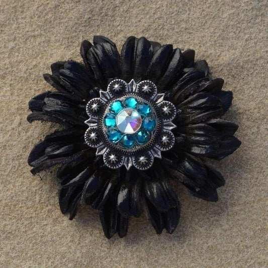 Black Daisy Flower With Antique Silver Teal and AB 1" Concho - RODEO DRIVE