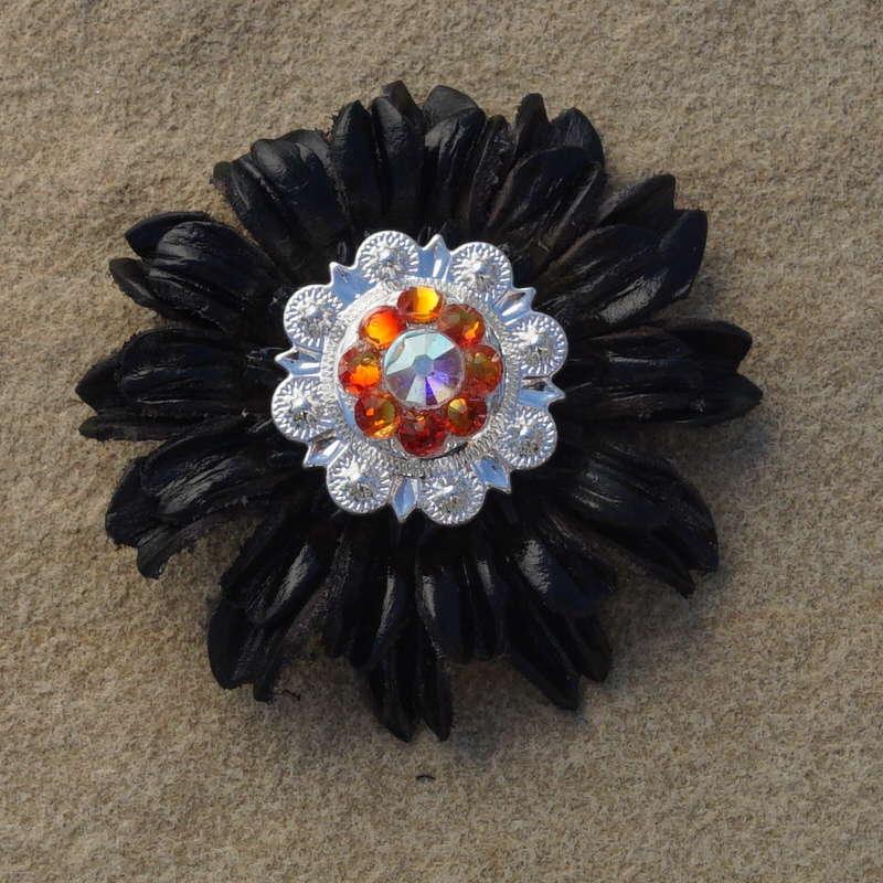 Black Daisy Flower With Bright Silver Fire Opal and AB 1" Concho - RODEO DRIVE