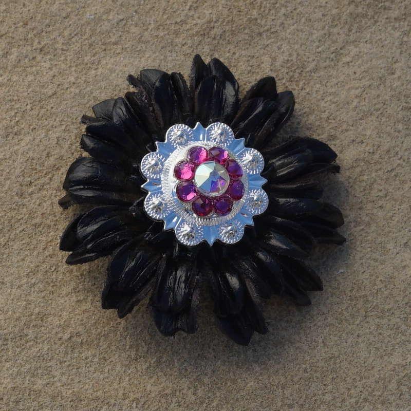 Black Daisy Flower With Bright Silver Fuchsia and AB 1" Concho - RODEO DRIVE