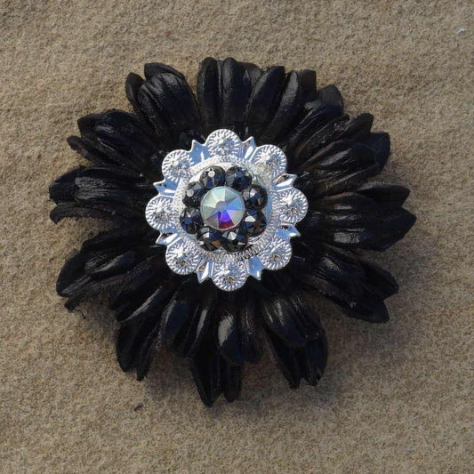 Black Daisy Flower With Bright Silver Jet and AB 1" Concho - RODEO DRIVE