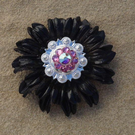 Black Daisy Flower With Bright Silver Pink and AB 1" Concho - RODEO DRIVE