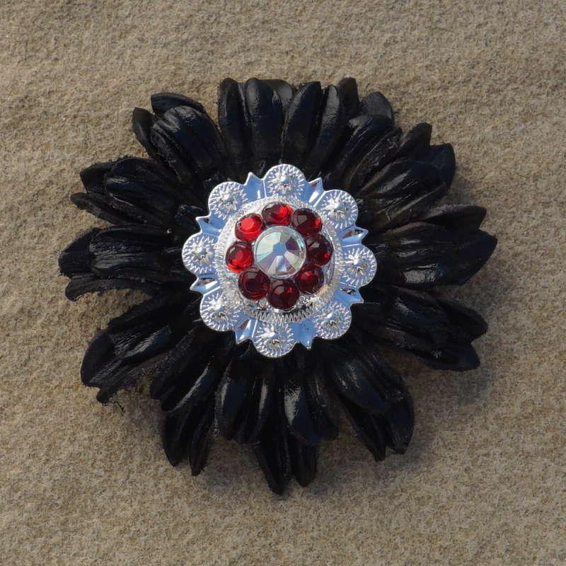 Black Daisy Flower With Bright Silver Ruby and AB 1" Concho - RODEO DRIVE