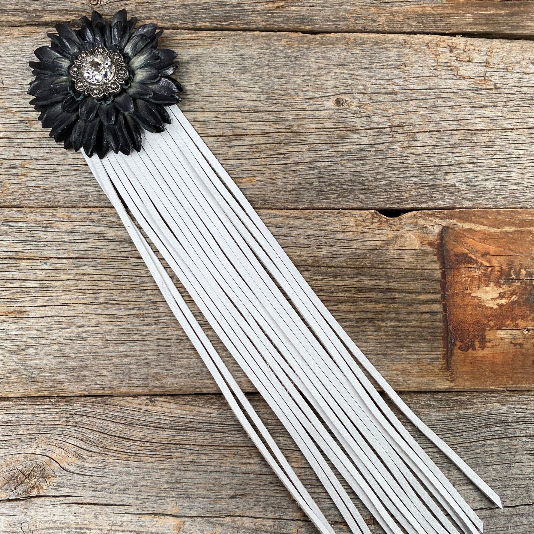 Leather Black Daisy with White Fringe - RODEO DRIVE