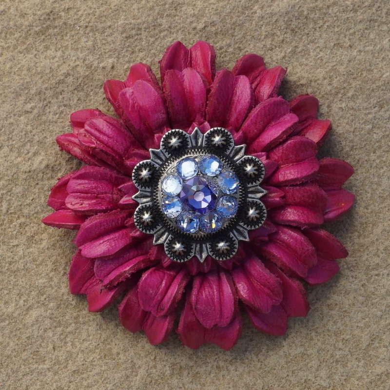Hot Pink Daisy Flower With Antique Silver Lilac and Light Sapphire 1" Concho - RODEO DRIVE