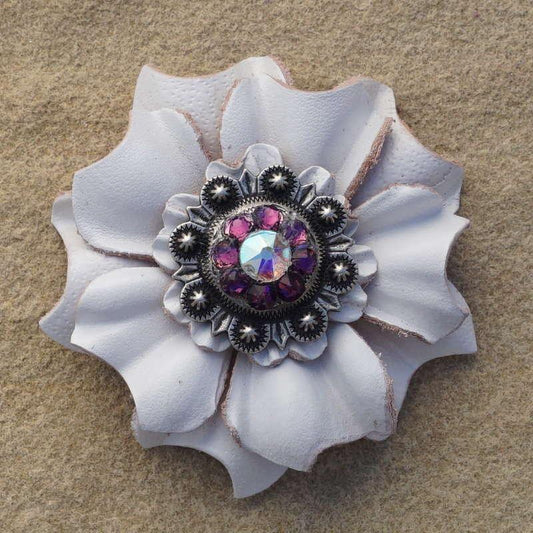 White Carnation Flower With Antique Silver Amethyst and AB 1" Concho - RODEO DRIVE