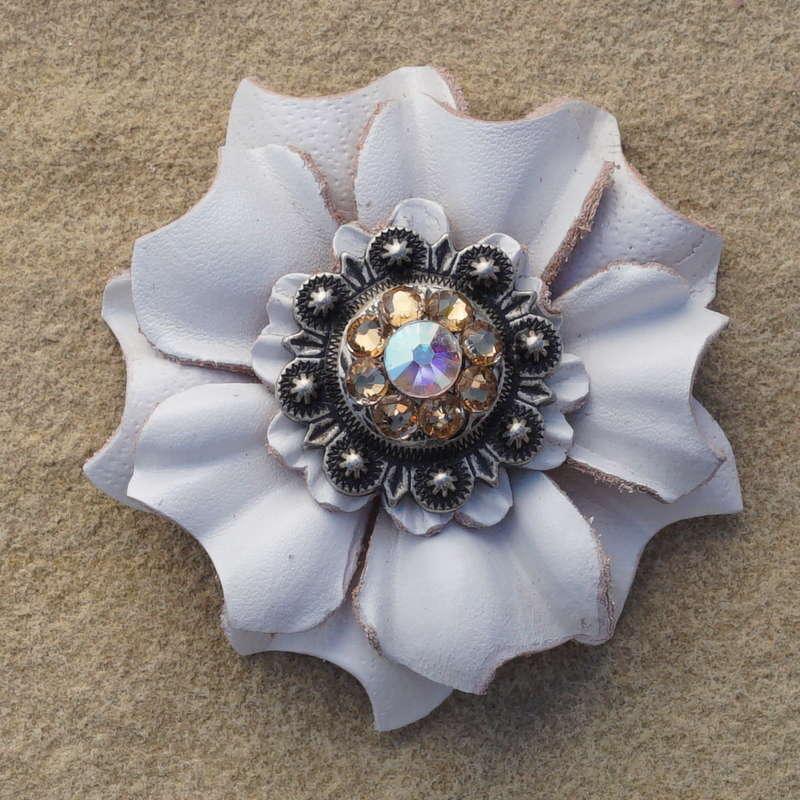 White Carnation Flower With Antique Silver Champagne and AB 1" Concho - RODEO DRIVE