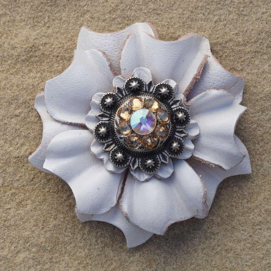 White Carnation Flower With Antique Silver Champagne and AB 1" Concho - RODEO DRIVE