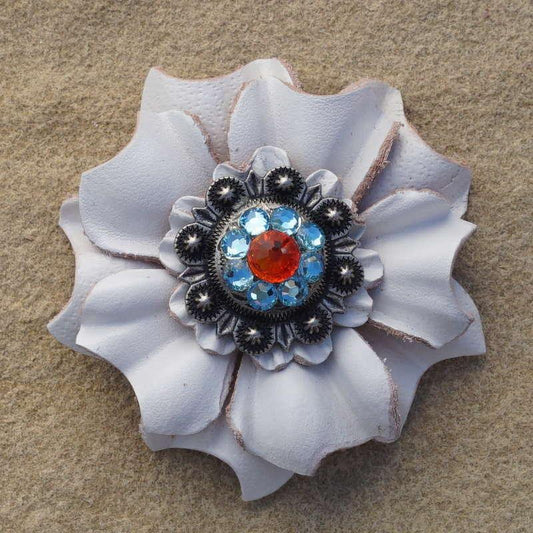 White Carnation Flower With Antique Silver Fire Opal and Aqua 1" Concho - RODEO DRIVE