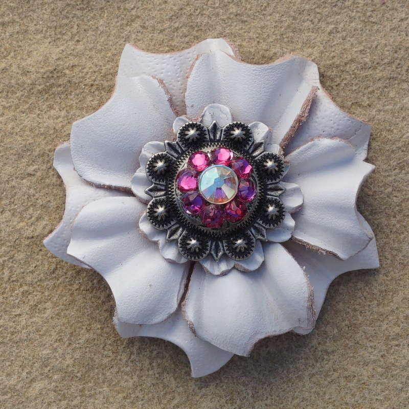 White Carnation Flower With Antique Silver Fuchsia and AB 1" Concho - RODEO DRIVE
