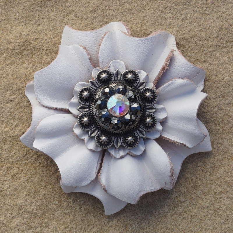 White Carnation Flower With Antique Silver Jet and AB 1" Concho - RODEO DRIVE