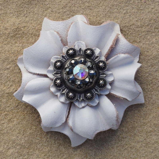 White Carnation Flower With Antique Silver Jet and AB 1" Concho - RODEO DRIVE