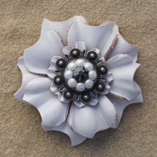 White Carnation Flower With Antique Silver Jet and Pearl 1" Concho - RODEO DRIVE