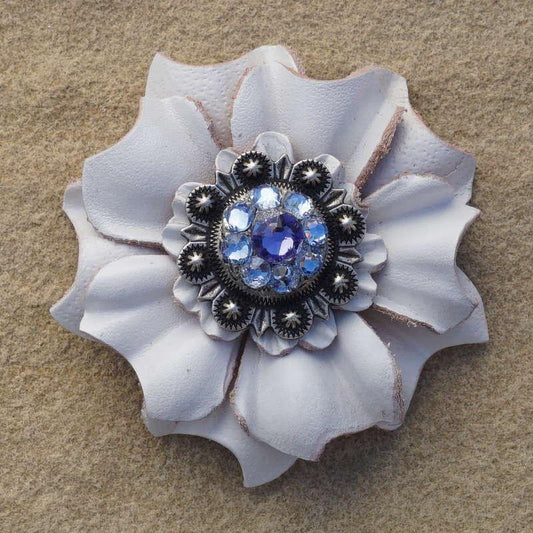 White Carnation Flower With Antique Silver Lilac and Light Sapphire 1" Concho - RODEO DRIVE