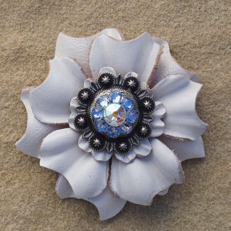 White Carnation Flower With Antique Silver Light Sapphire and AB 1" Concho - RODEO DRIVE