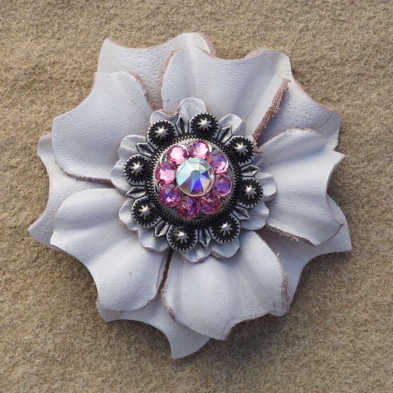 White Carnation Flower With Antique Silver Pink and AB 1" Concho - RODEO DRIVE