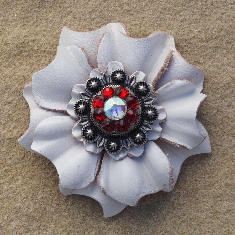 White Carnation Flower With Antique Silver Ruby and AB 1" Concho - RODEO DRIVE