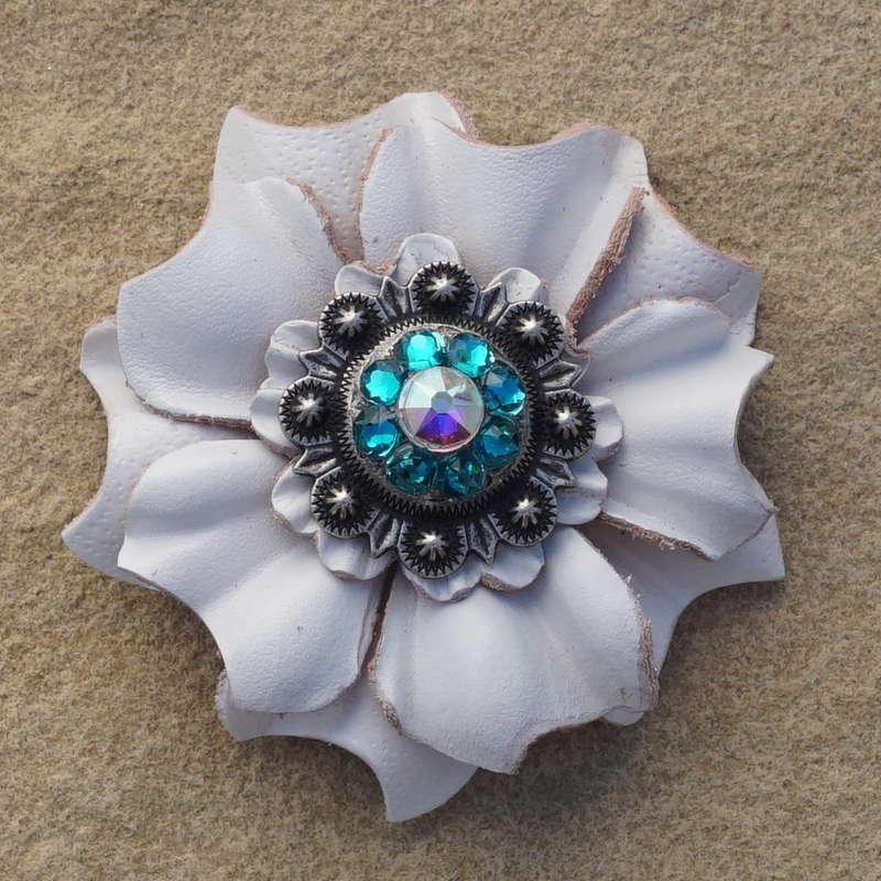 White Carnation Flower With Antique Silver Teal and AB 1" Concho - RODEO DRIVE