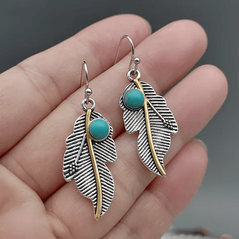 Turquoise Leaves Dangle Silver Fashion Earrings WA185 - RODEO DRIVE