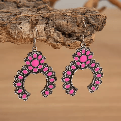 Pink Dangle Silver Squash Blossom Fashion Earrings WA194 - RODEO DRIVE