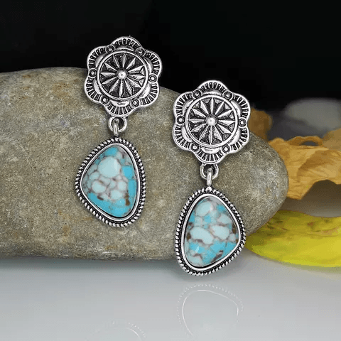 Floral and Stone Dangle Silver Fashion Earrings WA180 - RODEO DRIVE