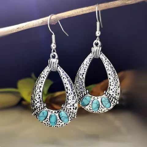 Turquoise Dangle Silver Fashion Earrings WA196 - RODEO DRIVE