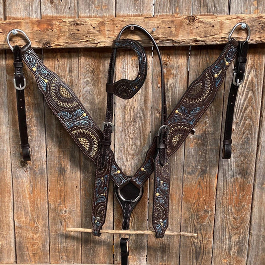 Dark Oil Floral Hand Painted Headstall/Breastcollar Set - RODEO DRIVE