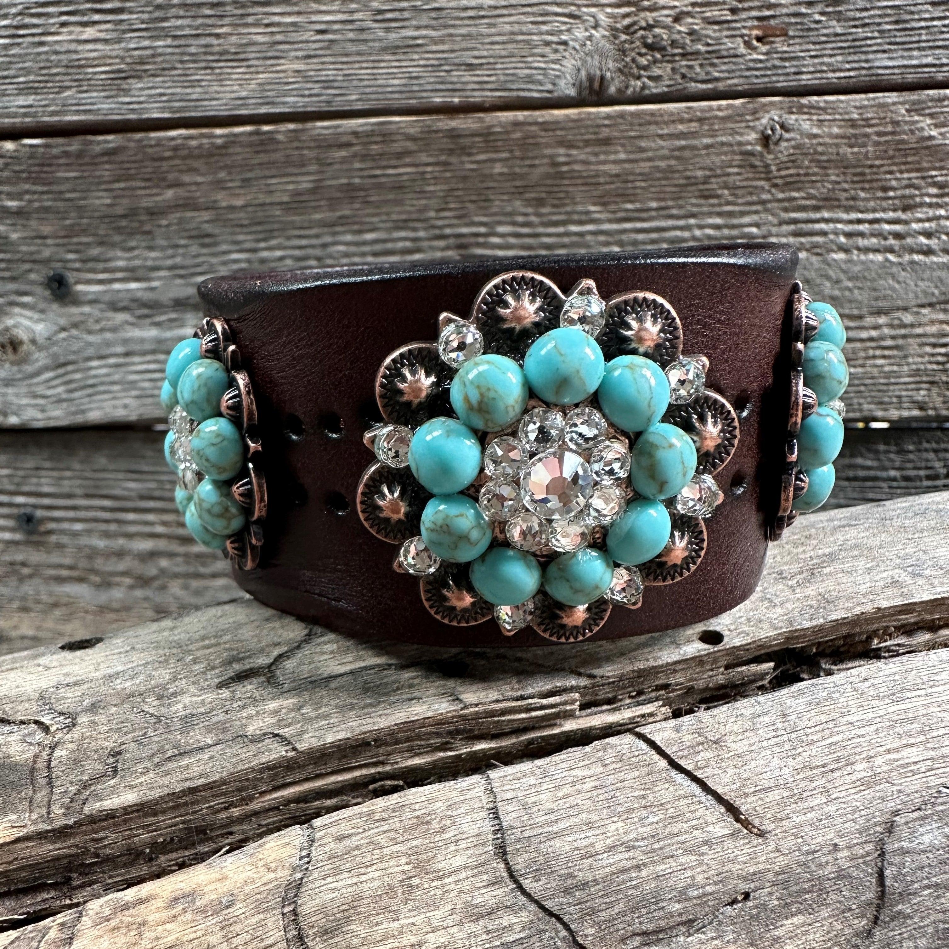 Turquoise and Clear Leather Bracelet LB100 - RODEO DRIVE