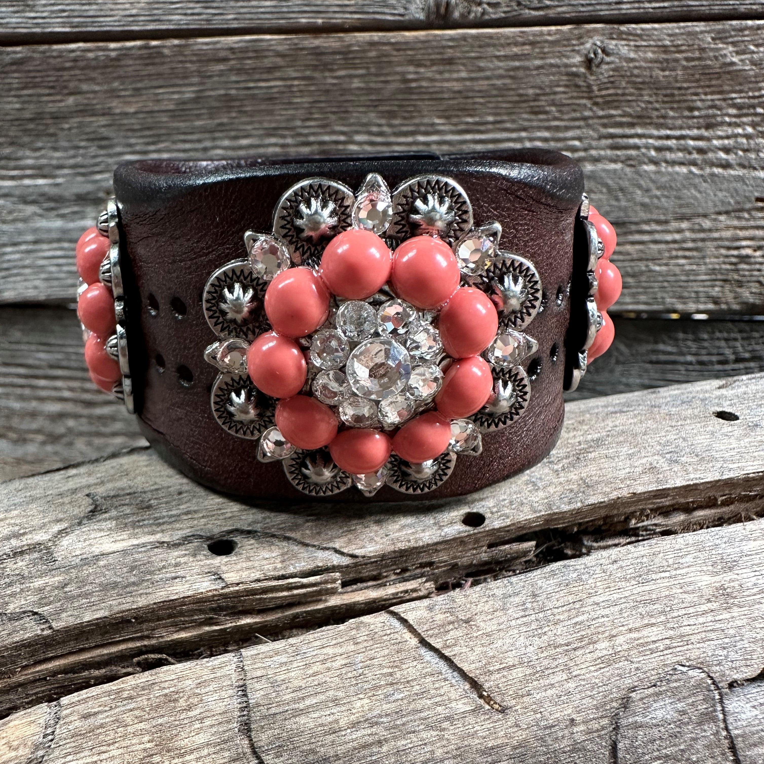 Coral and Clear Leather Bracelet LB101 - RODEO DRIVE