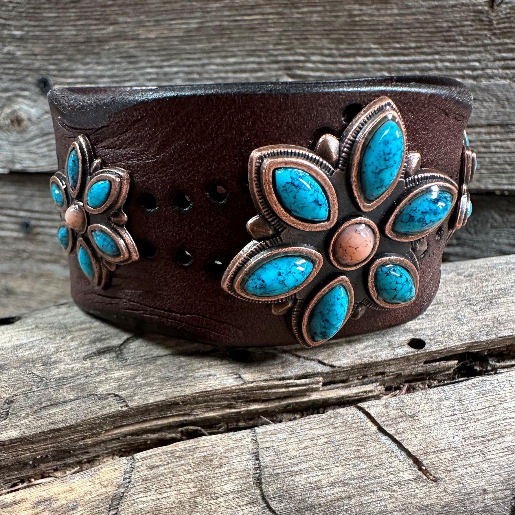 Turquoise Flower Leather Bracelet LB102 - RODEO DRIVE
