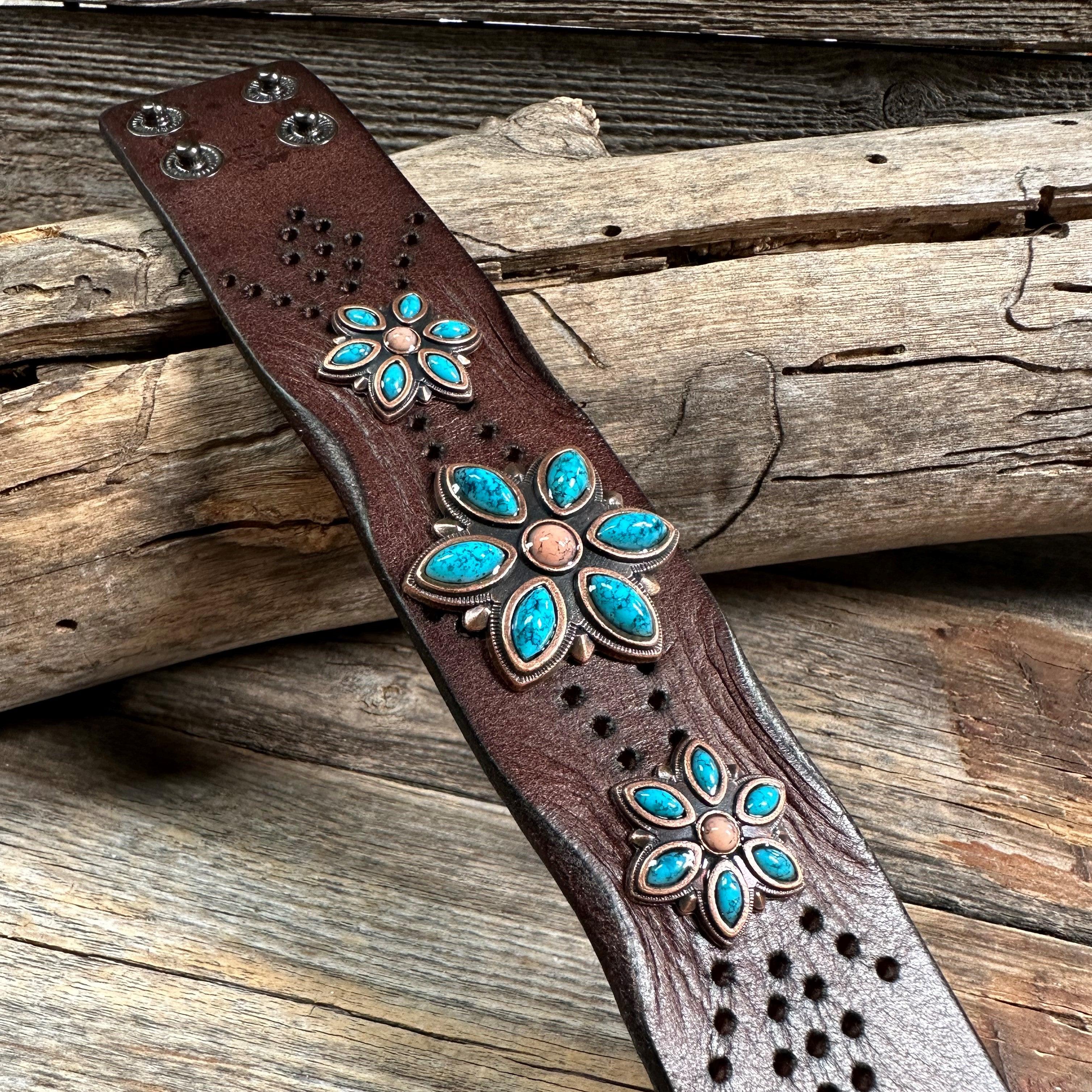 Turquoise Flower Leather Bracelet LB102 - RODEO DRIVE