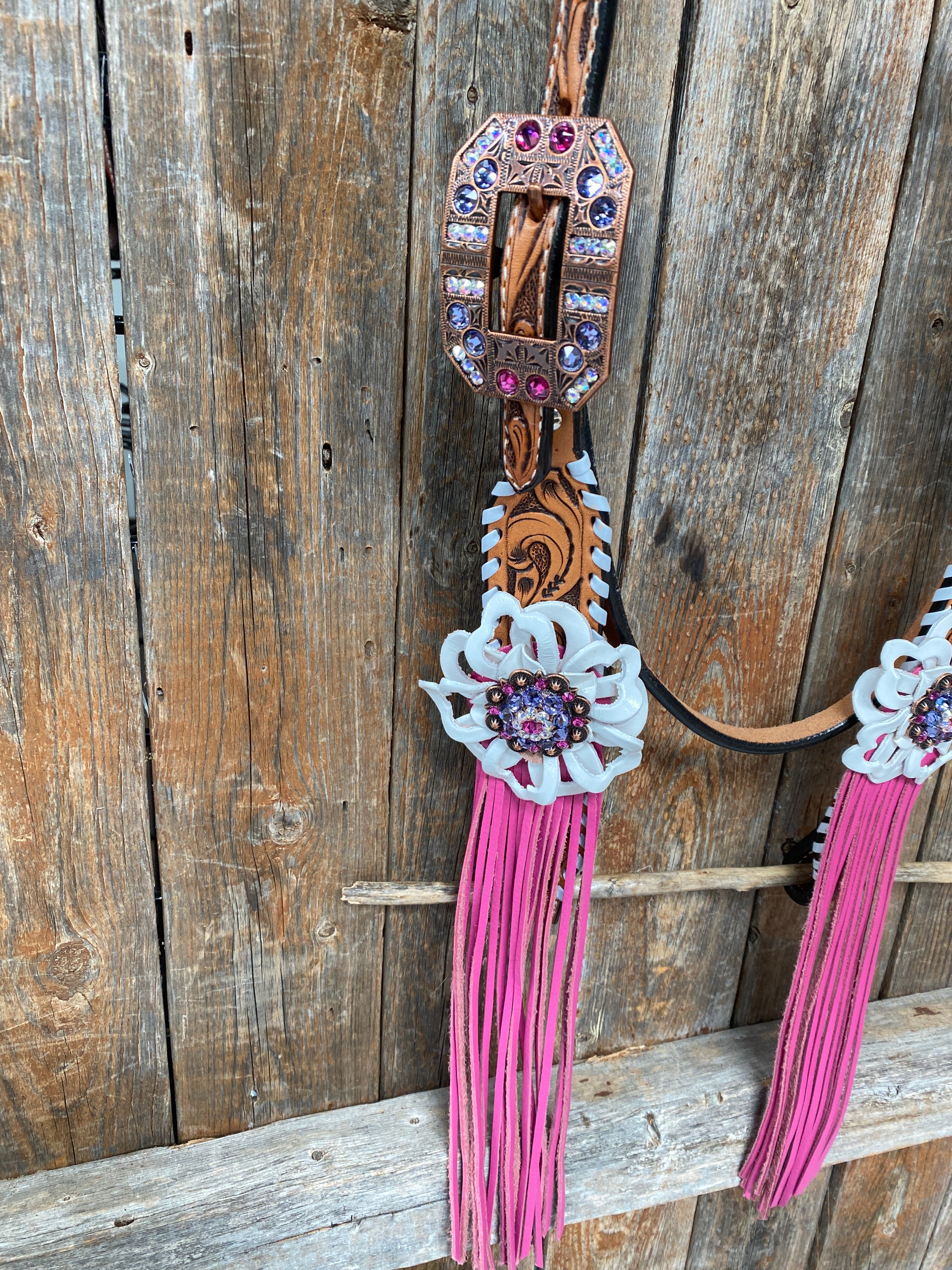 White Whipstitch Pink and White Browband/One Ear & Breastcollar Tack Set #BBBC426
