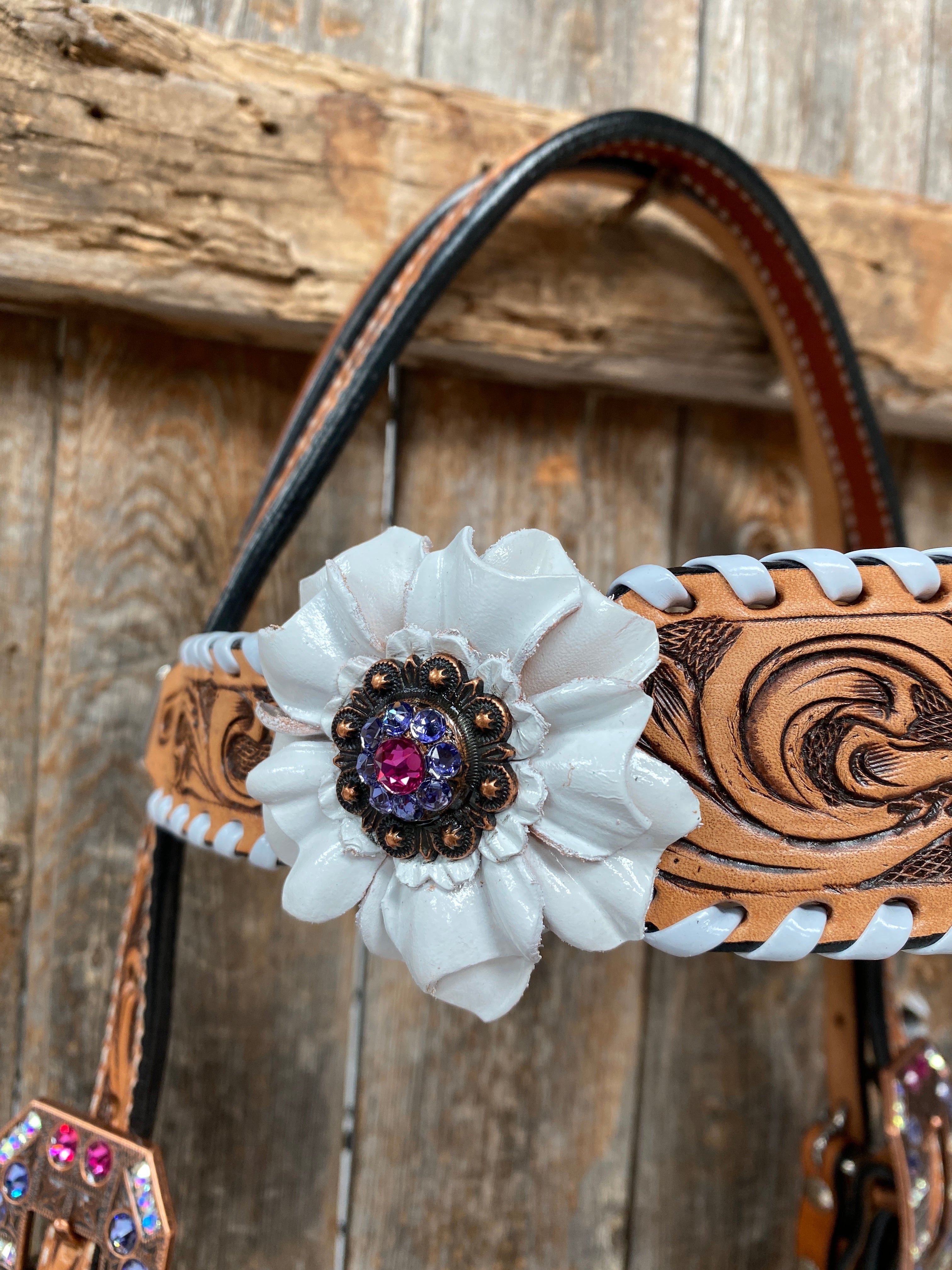 White Whipstitch Pink and White Browband/One Ear & Breastcollar Tack Set #BBBC426