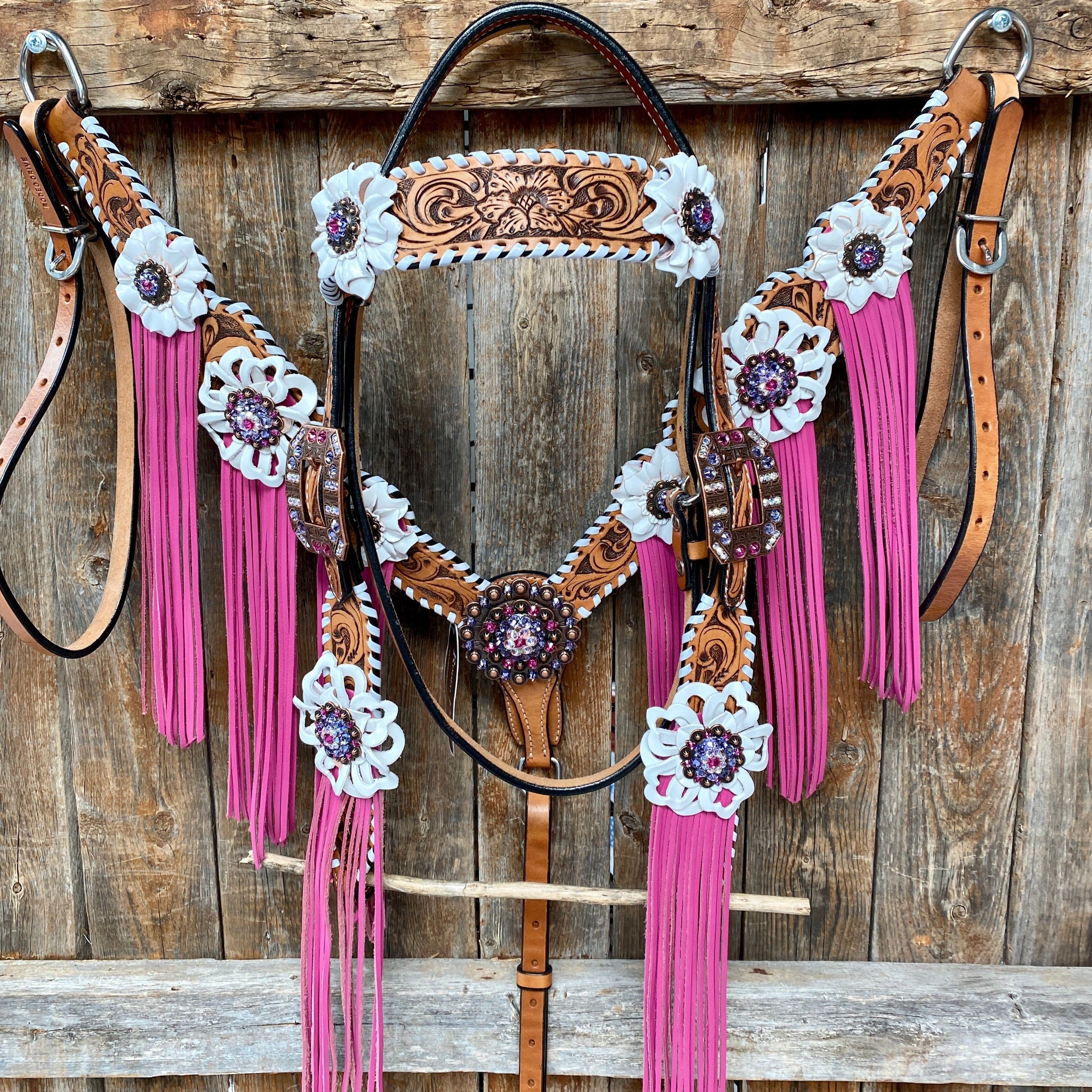 White Whipstitch Pink and White Browband/One Ear & Breastcollar Tack Set #BBBC426