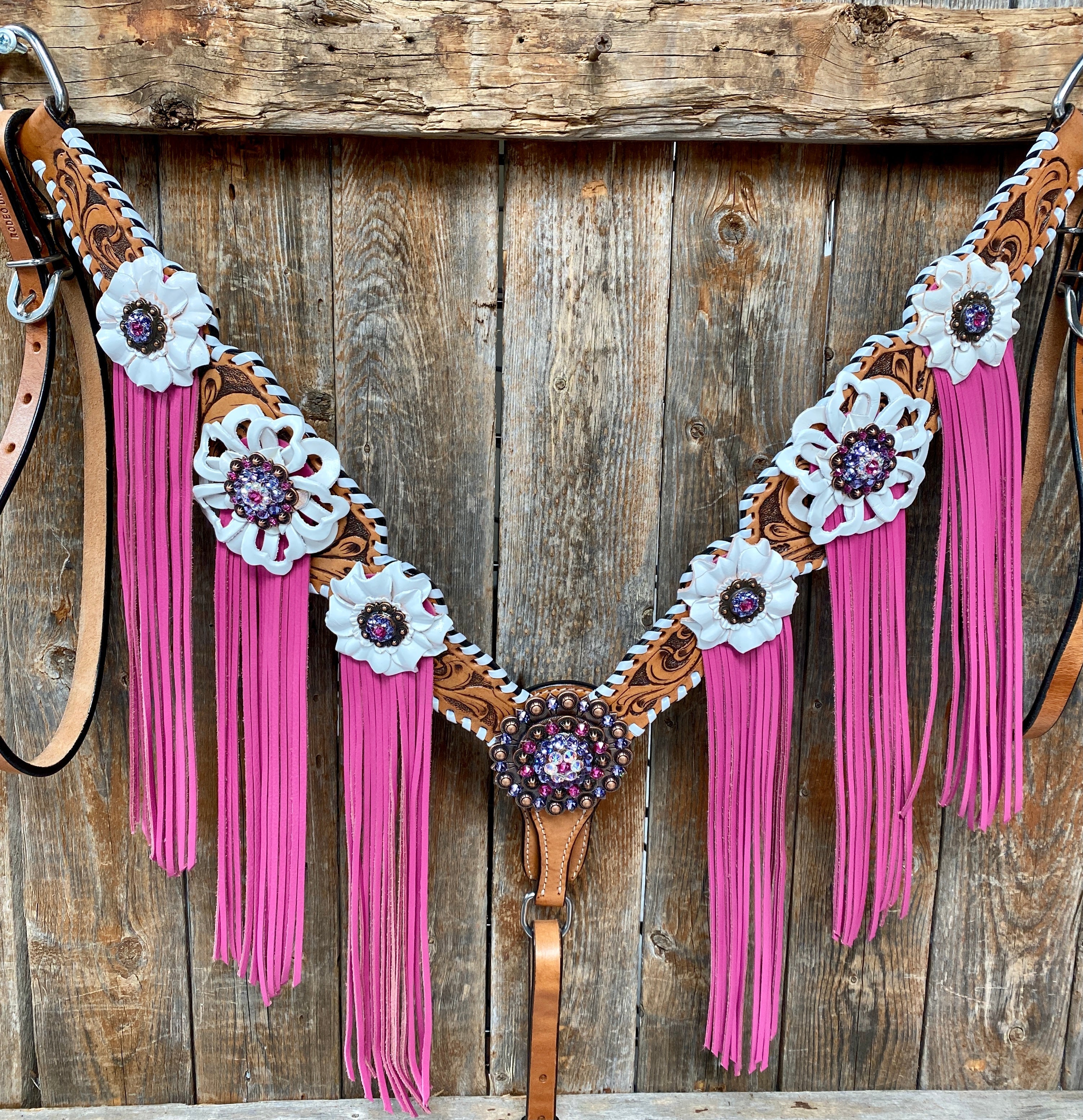 White Whipstitch Pink and White Browband/One Ear & Breastcollar Tack Set #BBBC426