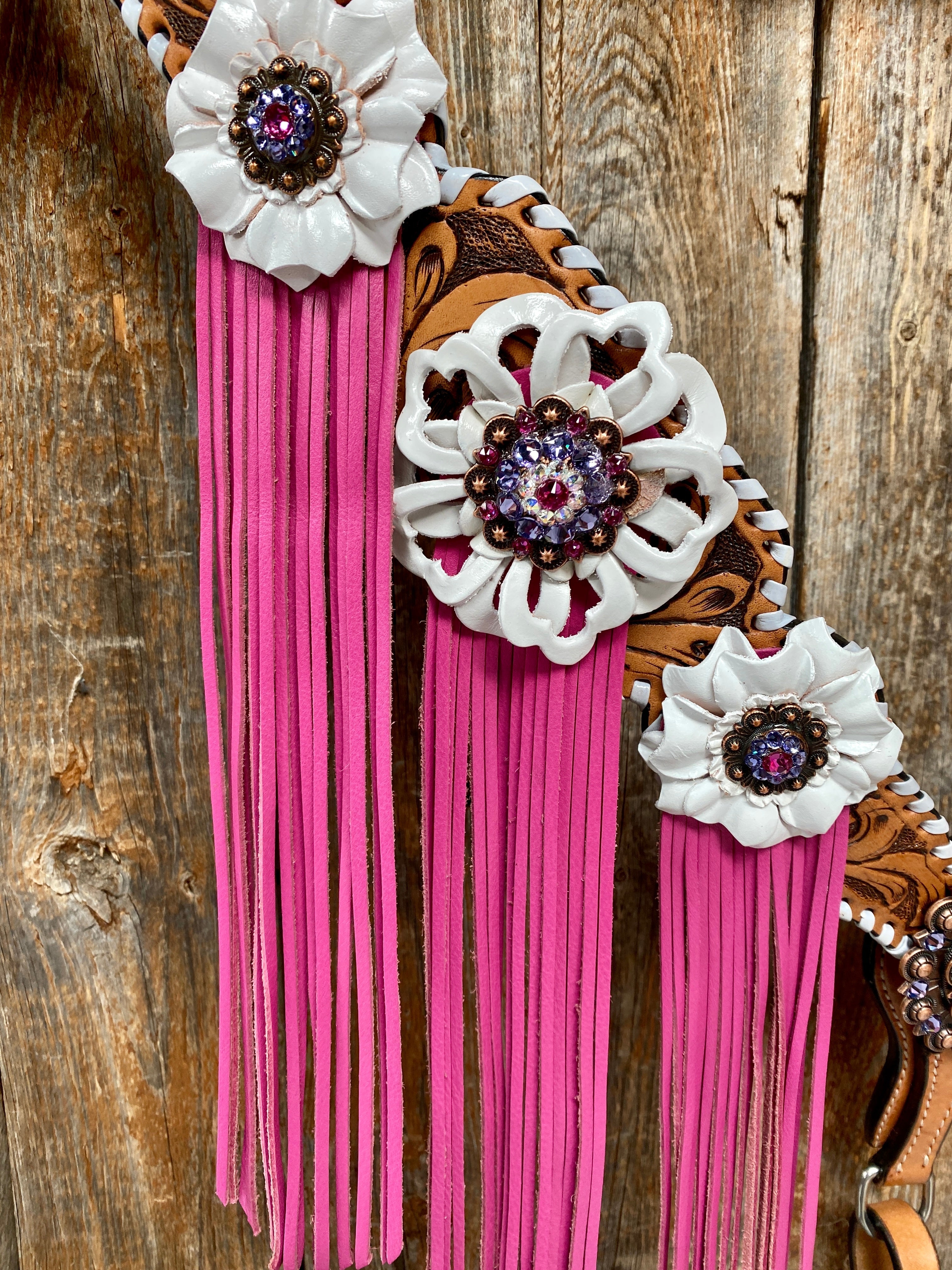 White Whipstitch Pink and White Browband/One Ear & Breastcollar Tack Set #BBBC426