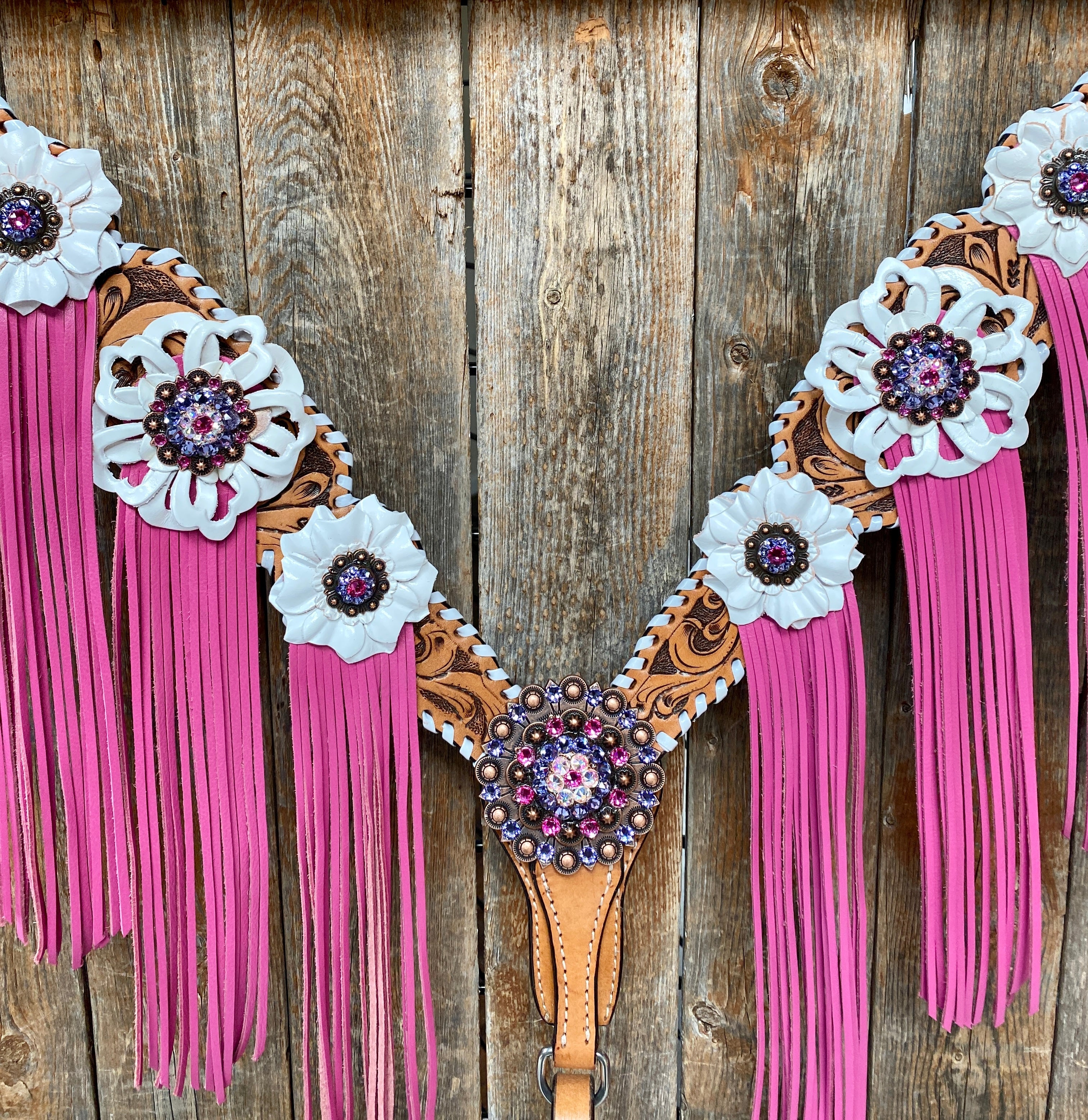 White Whipstitch Pink and White Browband/One Ear & Breastcollar Tack Set #BBBC426