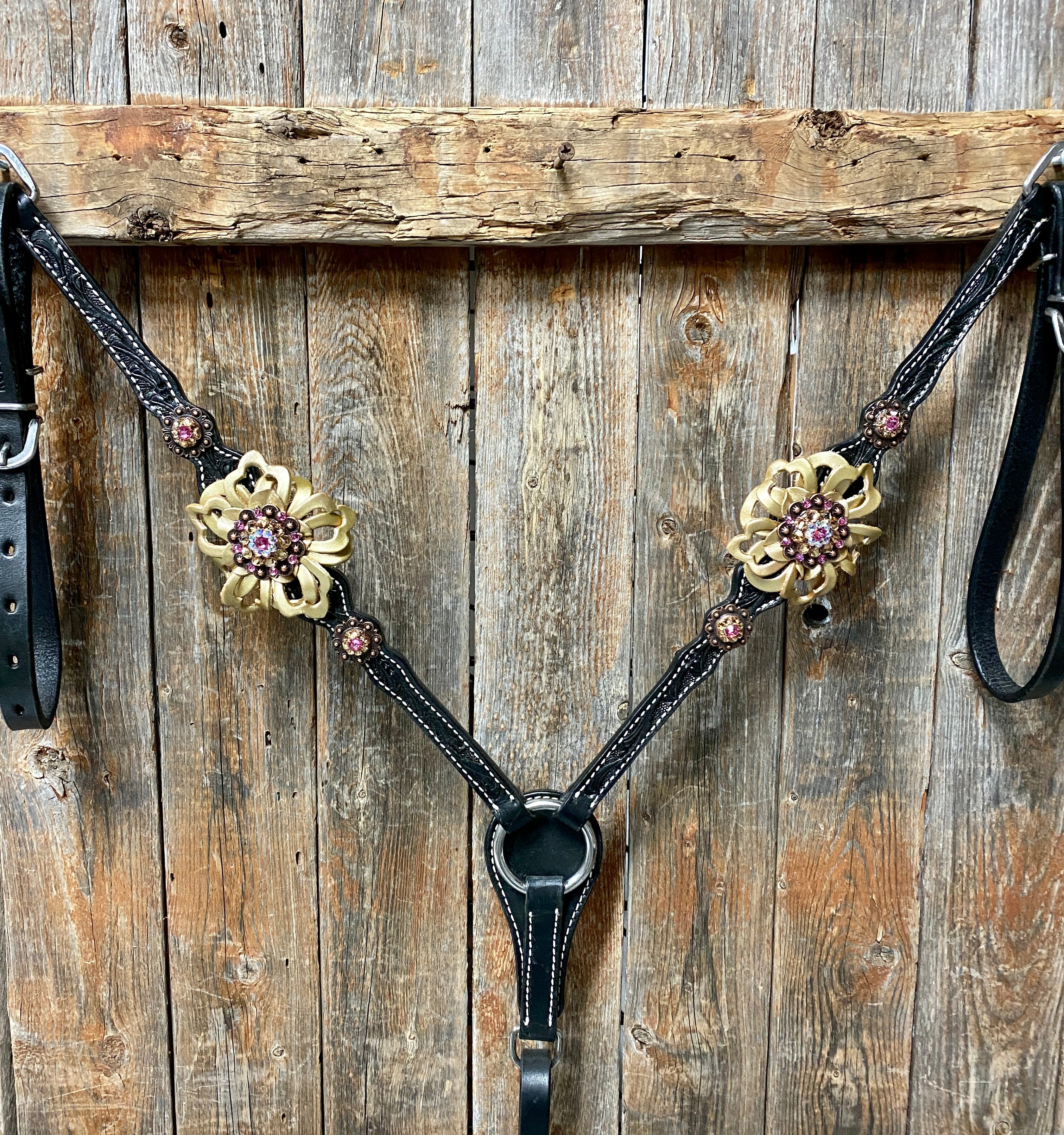 Black Floral Pink and Gold One Ear & Breastcollar Tack Set #OEBC408 - RODEO DRIVE