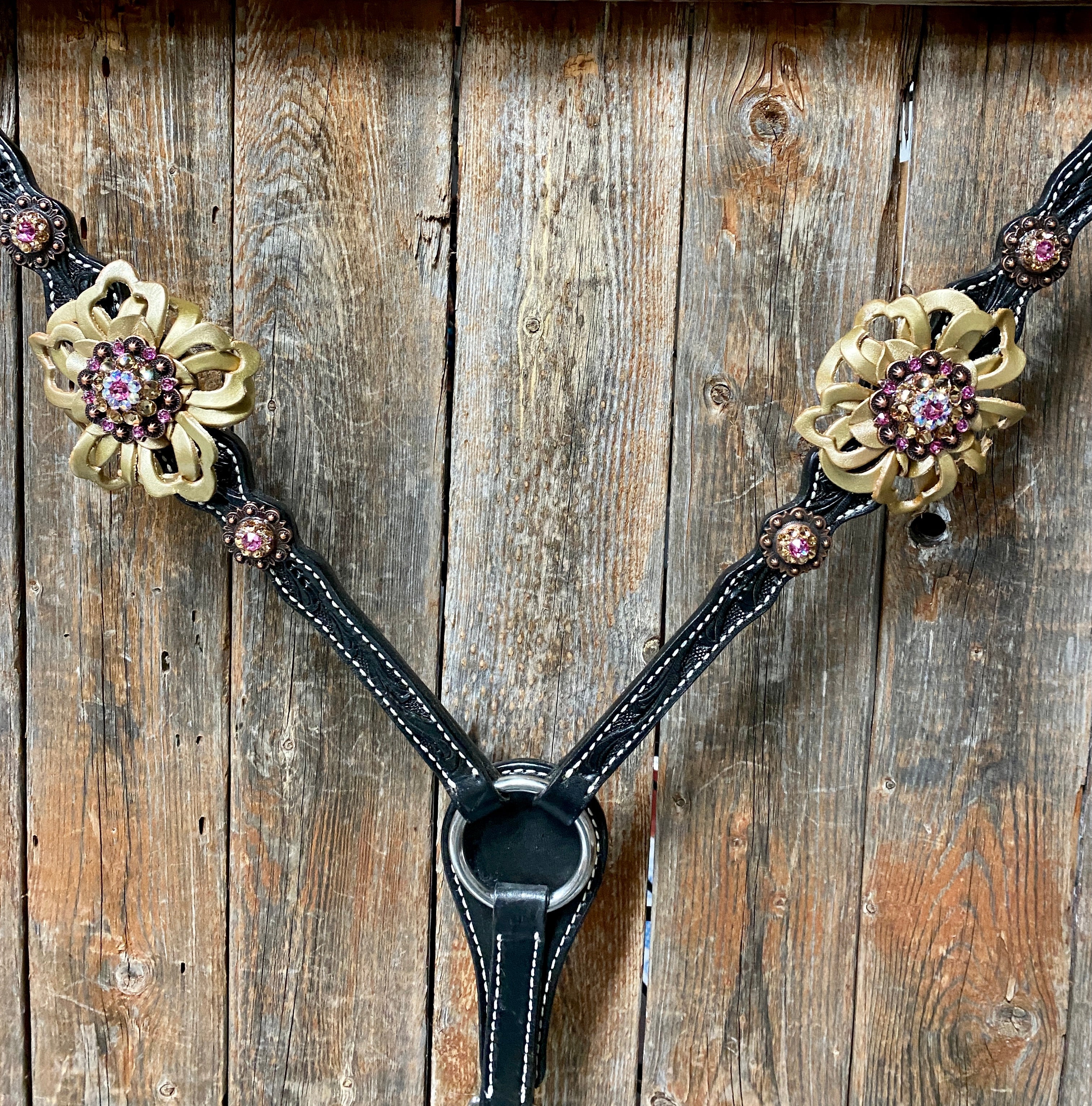 Black Floral Pink and Gold One Ear & Breastcollar Tack Set #OEBC408 - RODEO DRIVE