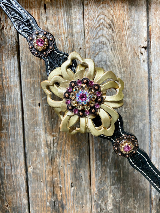 Black Floral Pink and Gold One Ear & Breastcollar Tack Set #OEBC408 - RODEO DRIVE