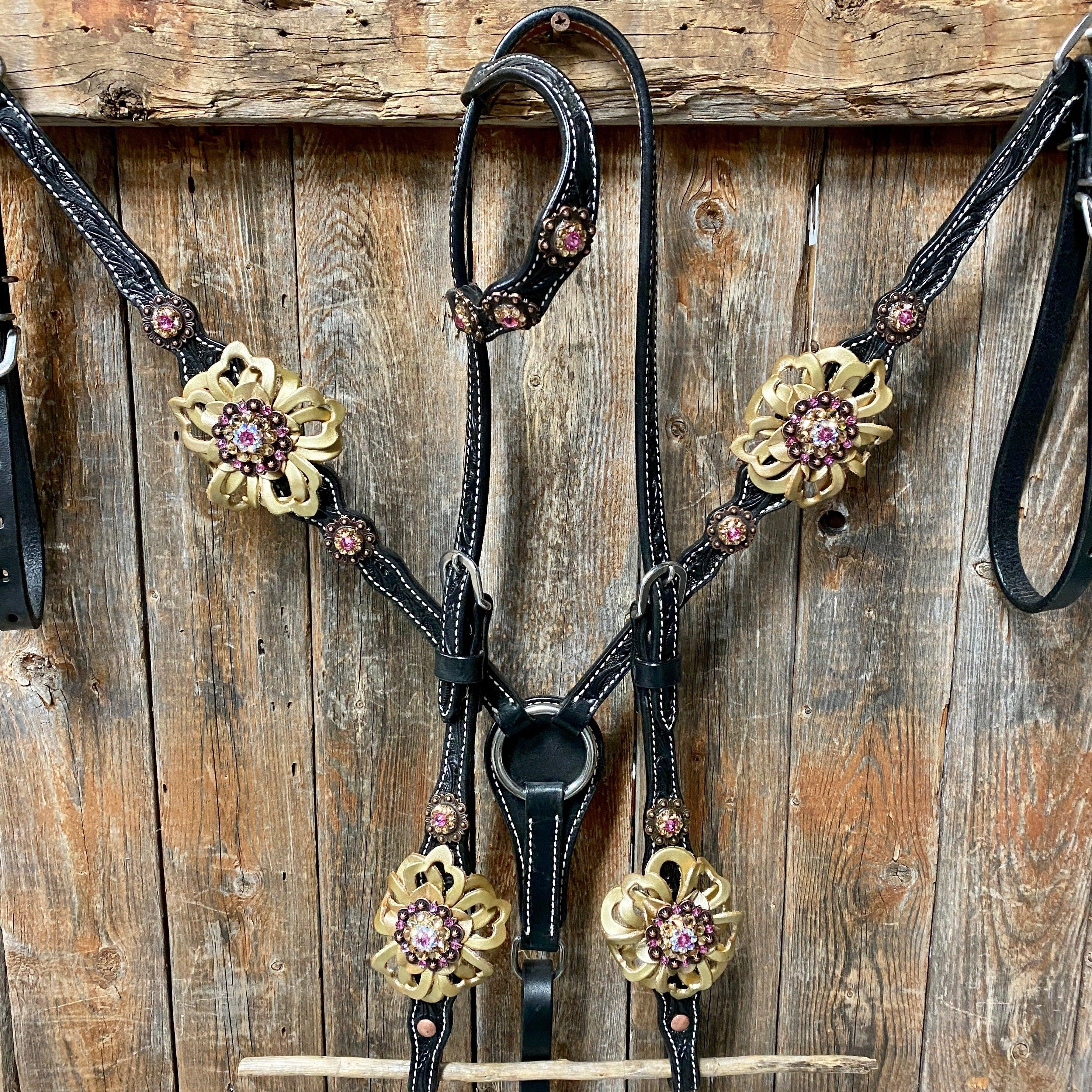 Black Floral Pink and Gold One Ear & Breastcollar Tack Set #OEBC408 - RODEO DRIVE