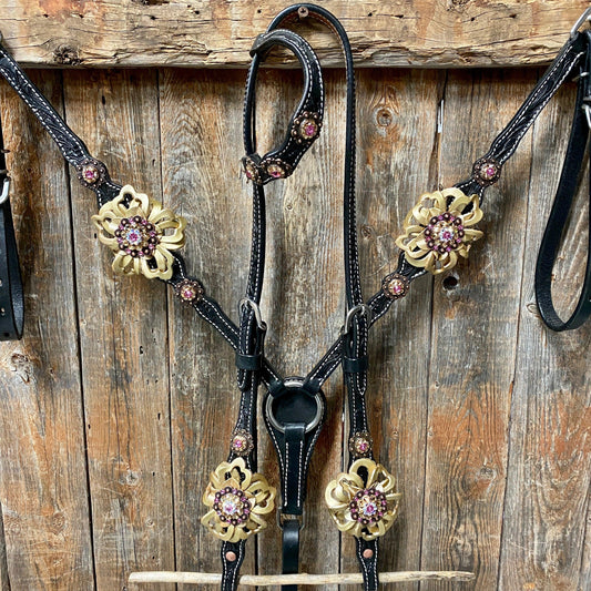 Black Floral Pink and Gold One Ear & Breastcollar Tack Set #OEBC408 - RODEO DRIVE
