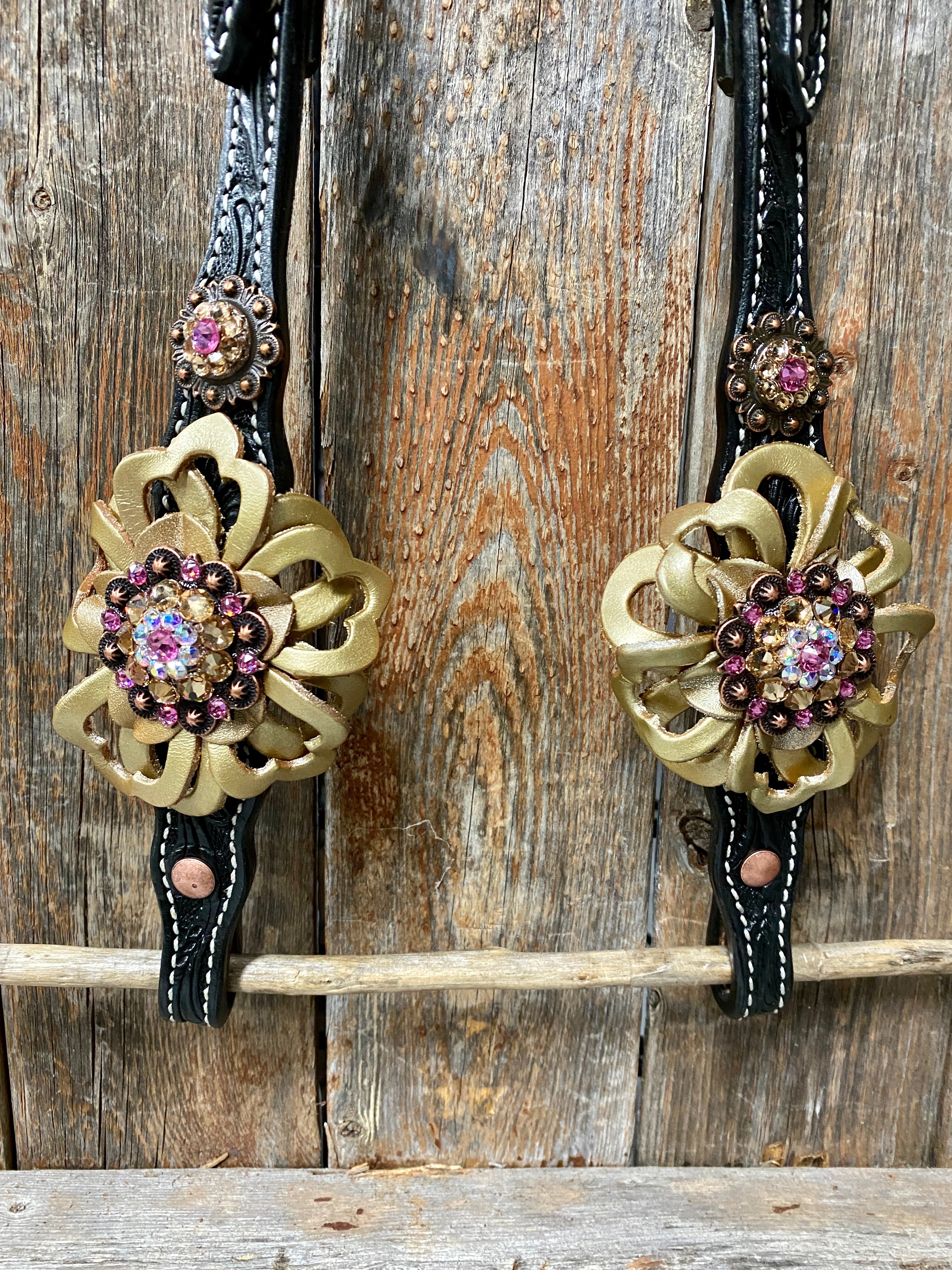 Black Floral Pink and Gold One Ear & Breastcollar Tack Set #OEBC408 - RODEO DRIVE