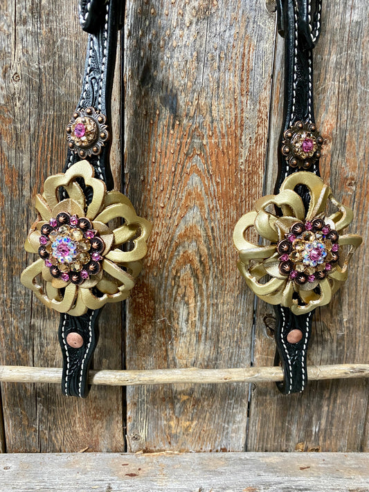 Black Floral Pink and Gold One Ear & Breastcollar Tack Set #OEBC408 - RODEO DRIVE