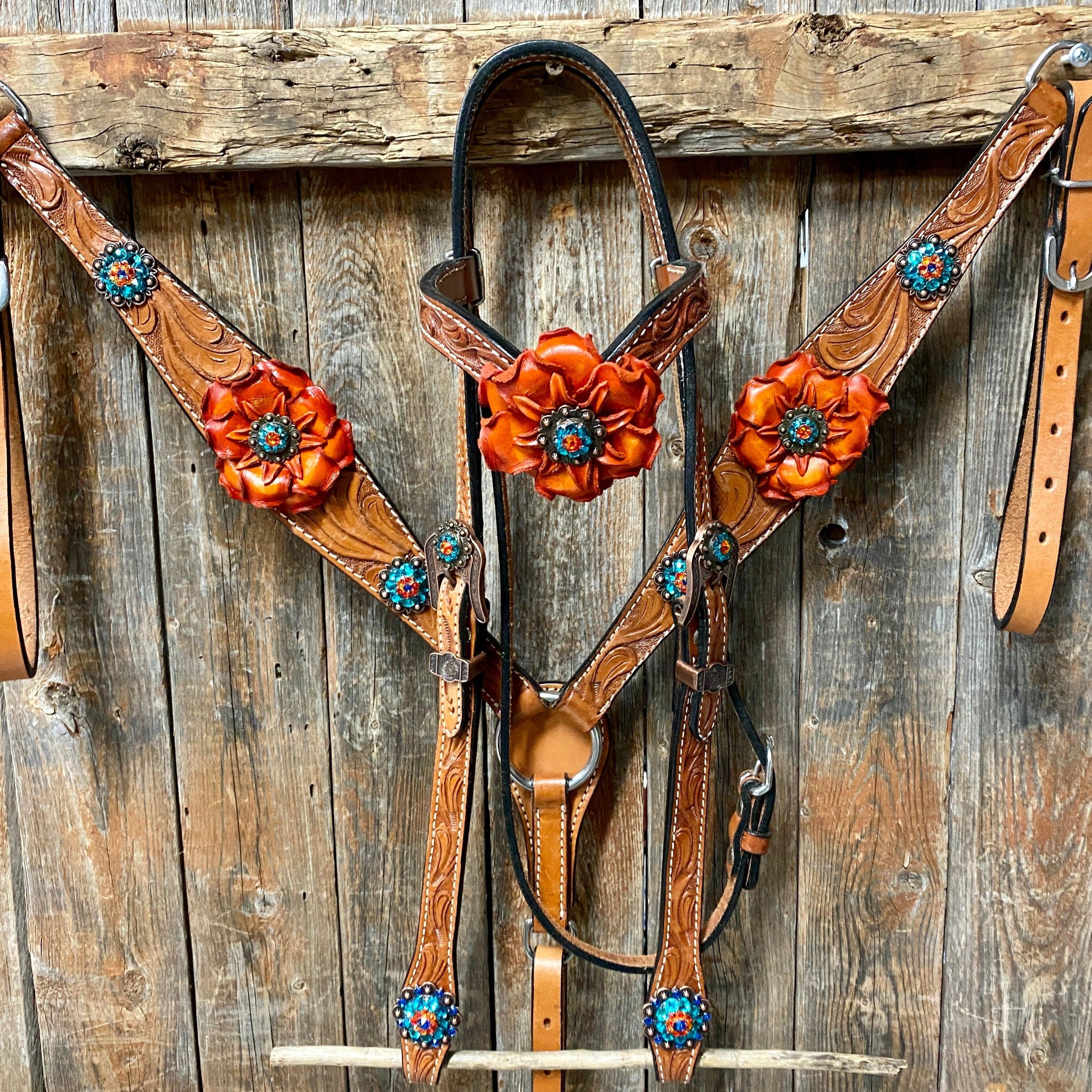 Light Oil Floral Tooled Orange and Teal Browband & Breastcollar Tack Set #BBBC427 - RODEO DRIVE