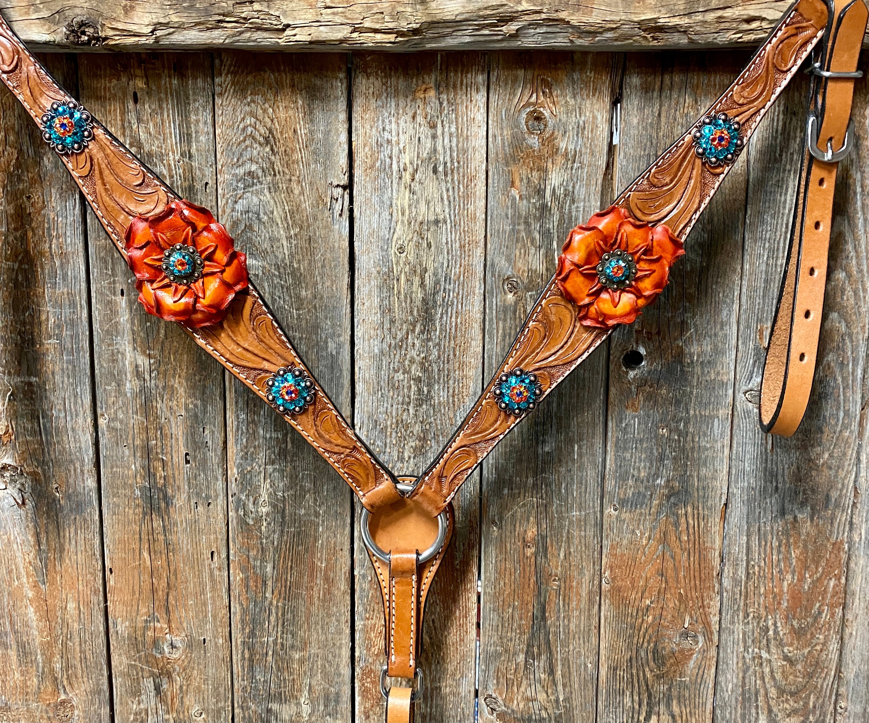 Light Oil Floral Tooled Orange and Teal Browband & Breastcollar Tack Set #BBBC427 - RODEO DRIVE